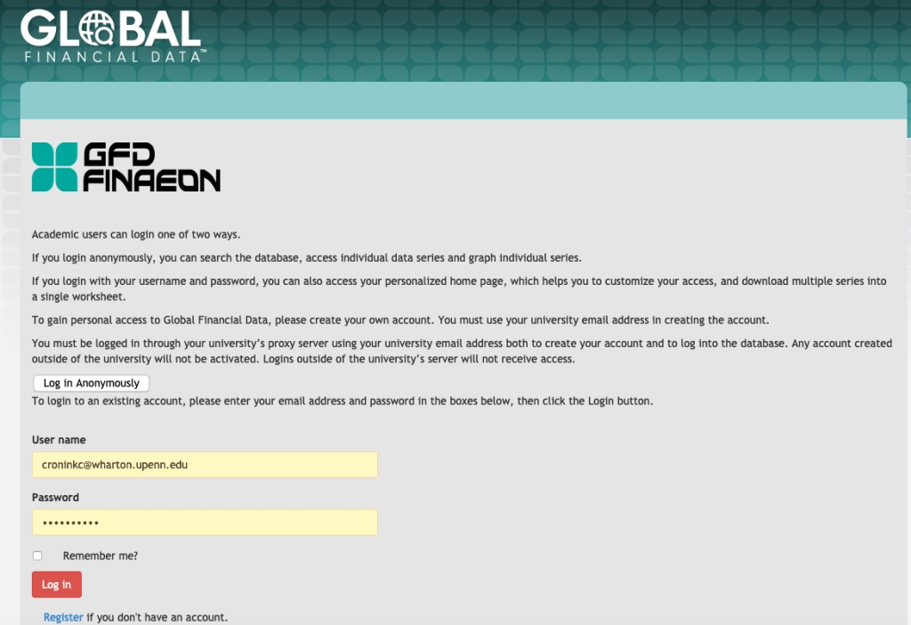 Image of GFD login page.  Academics have the choice to log in anonymously or create a log-in